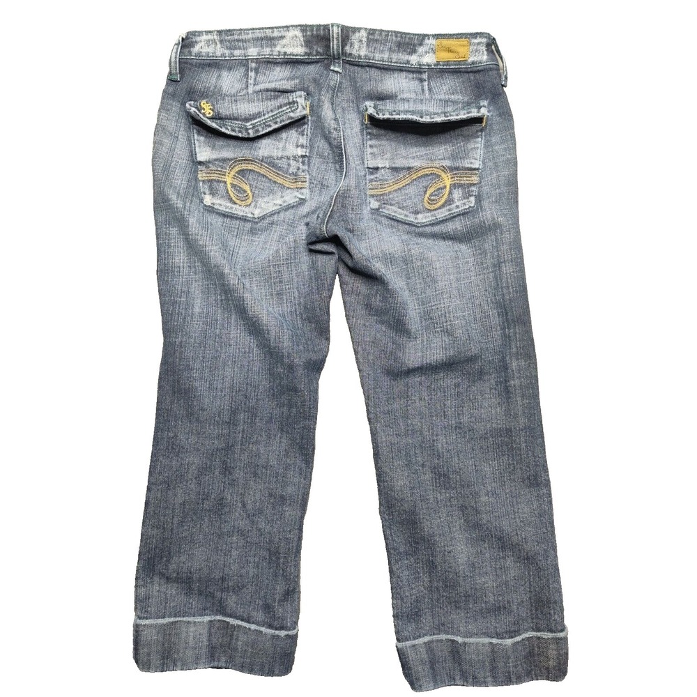 SEE THRU SOUL Women 28 Cuffed Flap‎ Pocket Embroidered Stretch Denim Capri Jeans